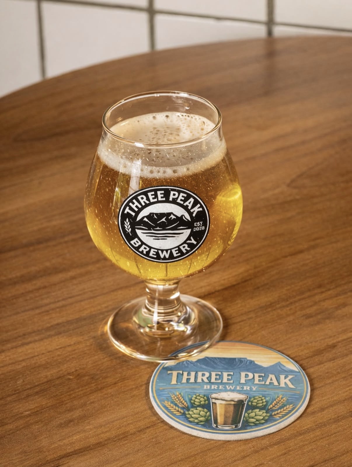 A tulip glass of Breakline Helles beside a branded coaster